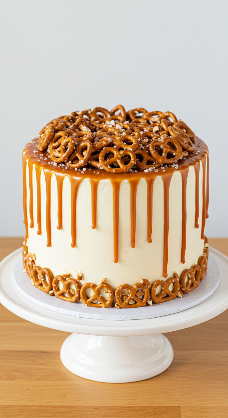 Weiße Torte mit Karamell-Drip und vielen Salzbrezeln.