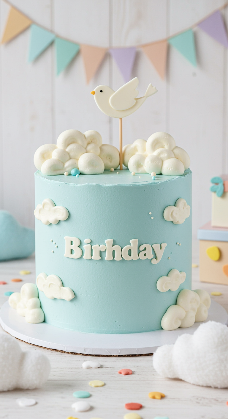 Hellblaue Torte mit Fondant-Wolken, Vogel-Topper und