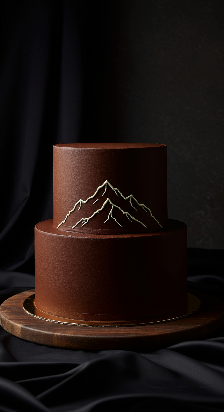 Zweistöckige Schokoladentorte mit der weißen Silhouette einer Bergkette.