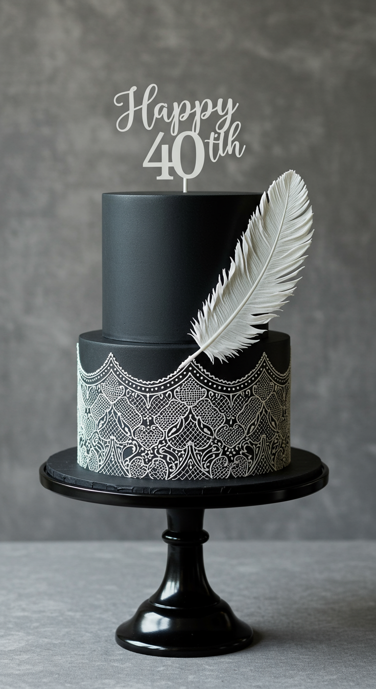 Zweistöckige schwarze Torte mit weißer Spitze und großer weißer Feder.