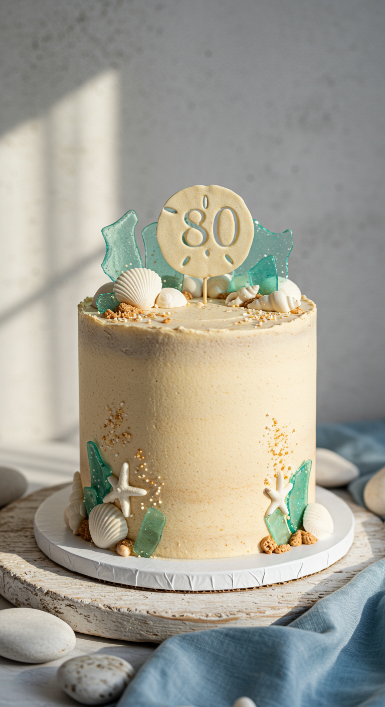 Einstöckige sandfarbene Torte mit Muscheln, Seeglas-Splittern und Sanddollar-Topper.