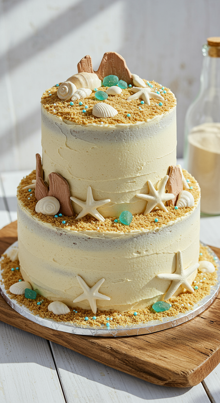 Zweistöckige Strandtorte mit essbarem Sand, Schokoladenmuscheln und Seesternen.
