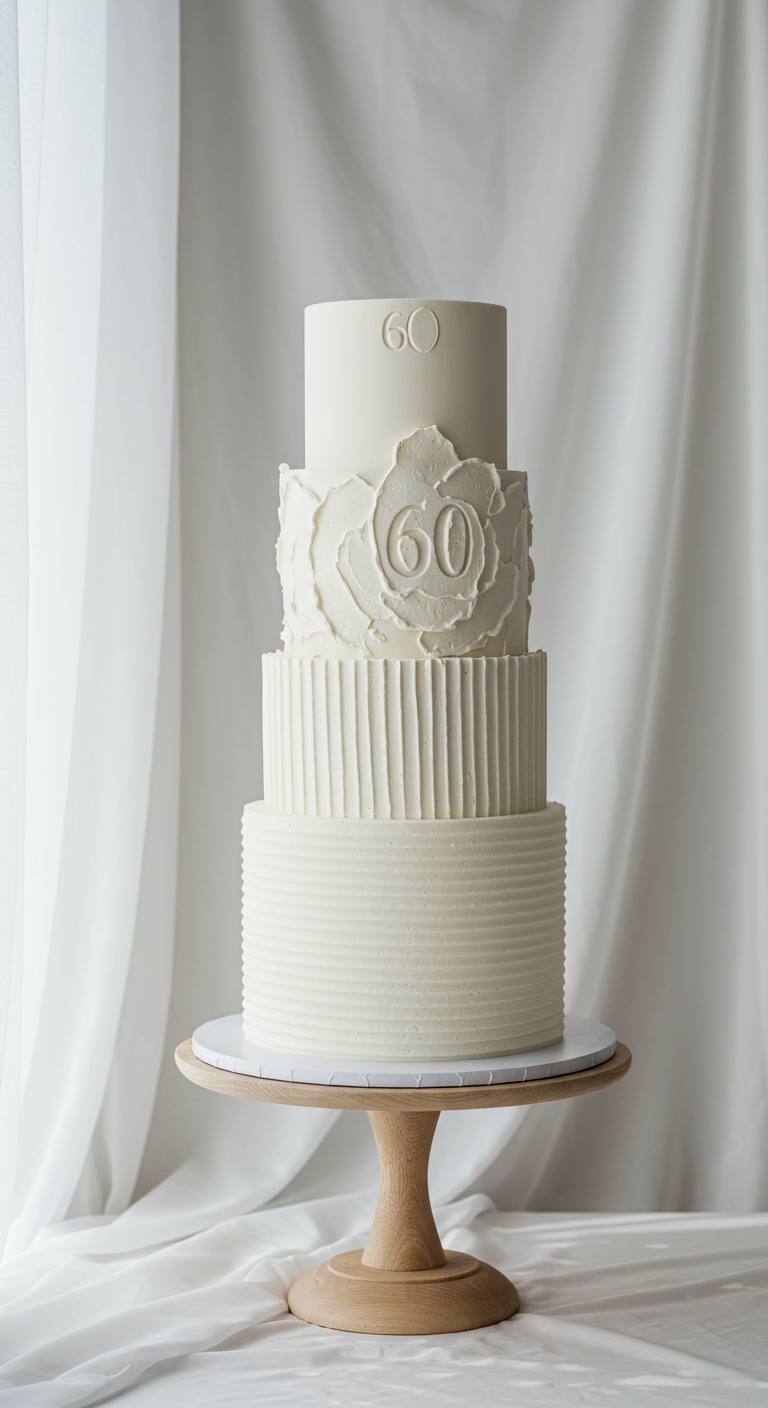 Hohe weiße Torte mit verschiedenen Buttercreme-Texturen auf jeder Etage.