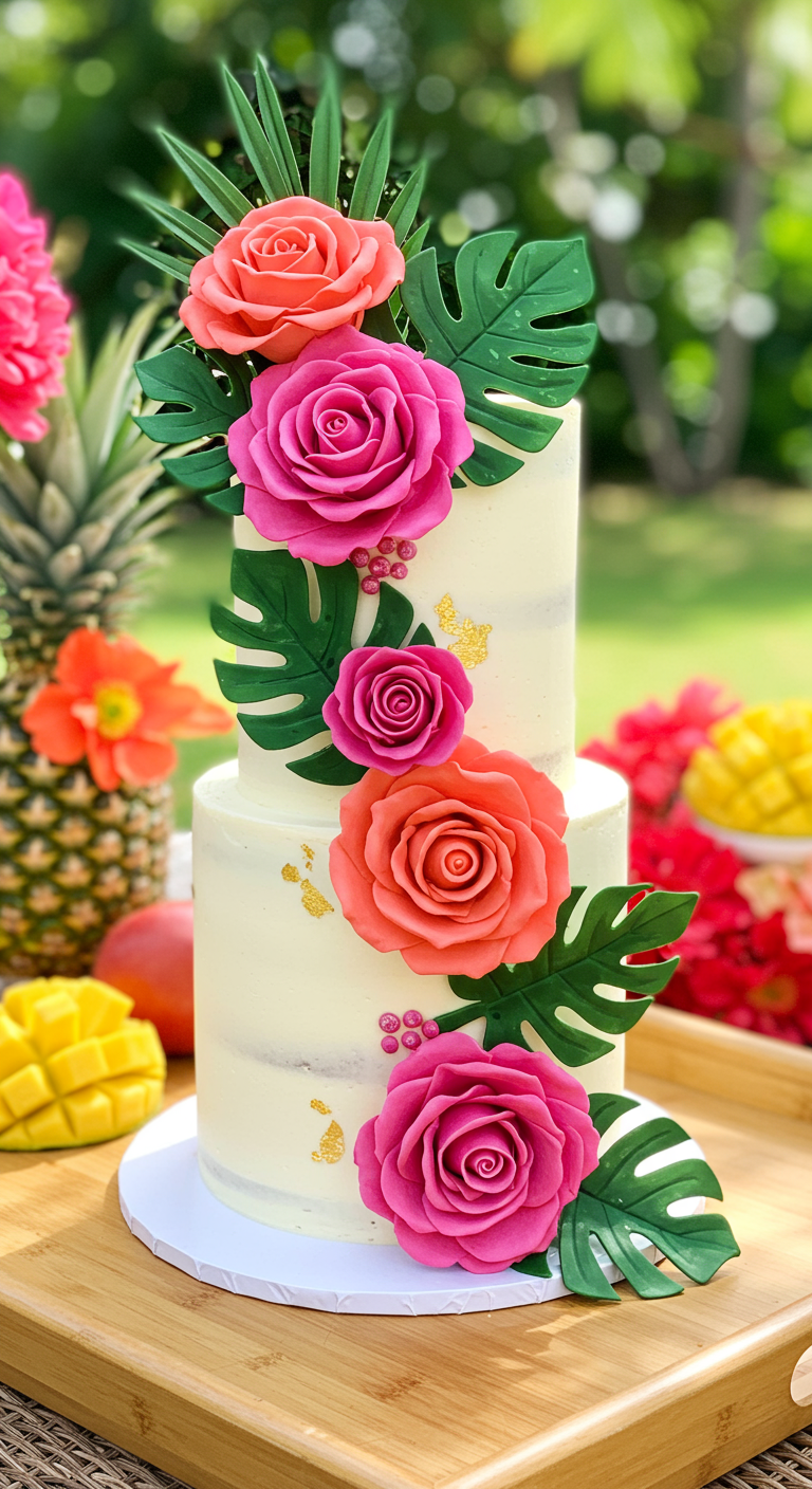 Zweistöckiger Semi-Naked-Cake mit leuchtenden tropischen Zuckerblumen und Monstera-Blättern.
