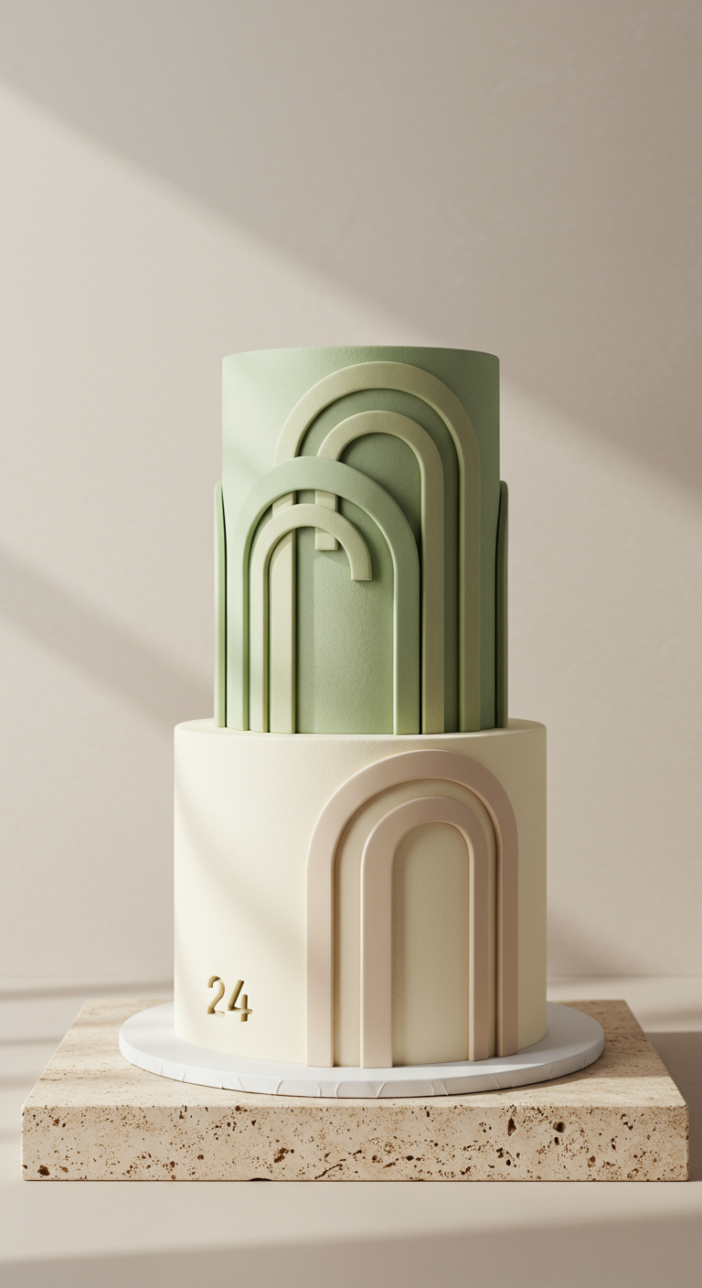 Zweistöckige Torte mit modernen Bogen-Applikationen in Salbeigrün und Creme, Zahl 24.