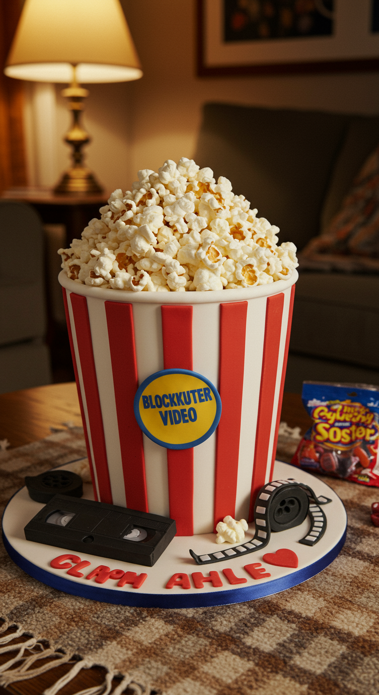 Torte in Form eines rot-weiß gestreiften Popcorn-Bechers, gefüllt mit Popcorn.