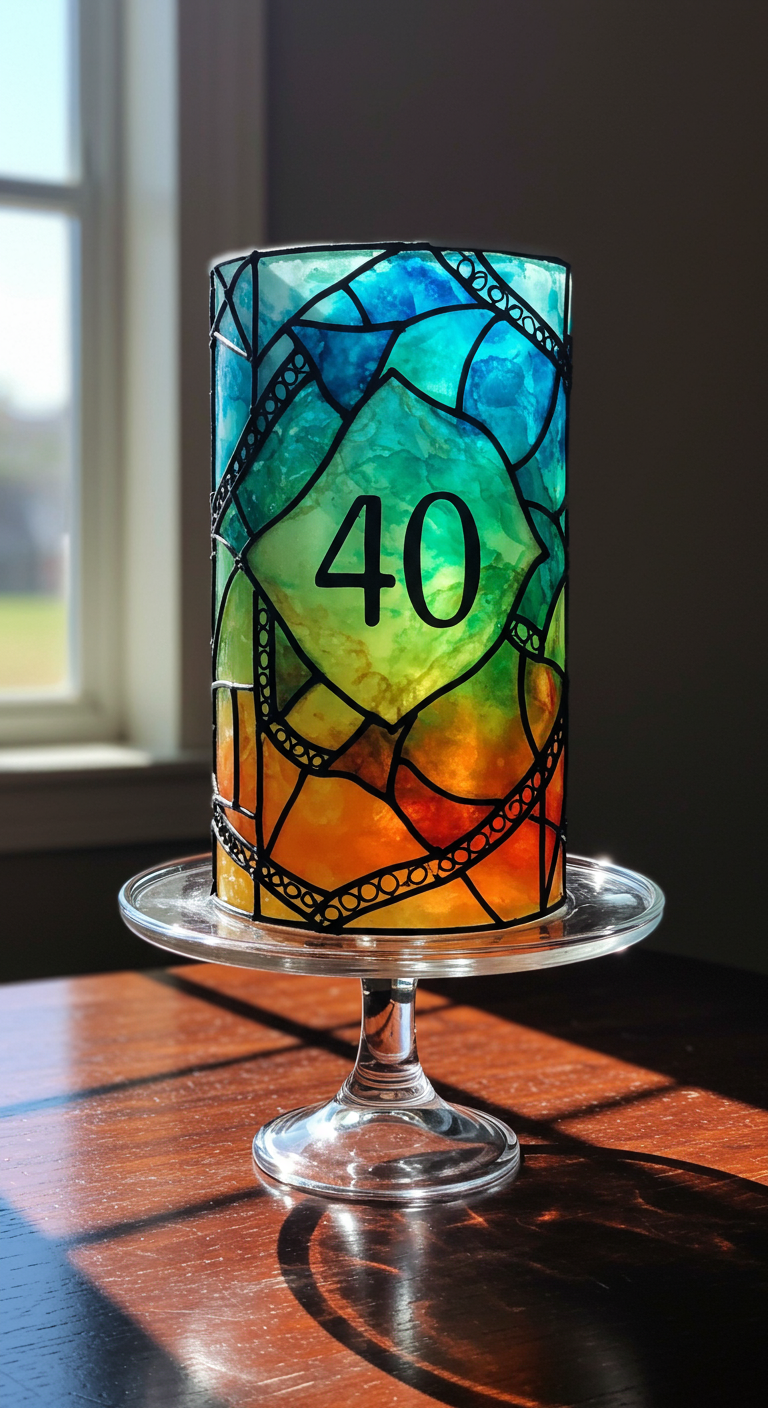 Torte mit Buntglas-Effekt in leuchtenden Farben und Zahl 40.