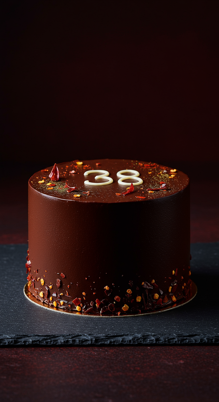 Dunkle Schokotorte mit Chiliflocken und der Zahl 38.