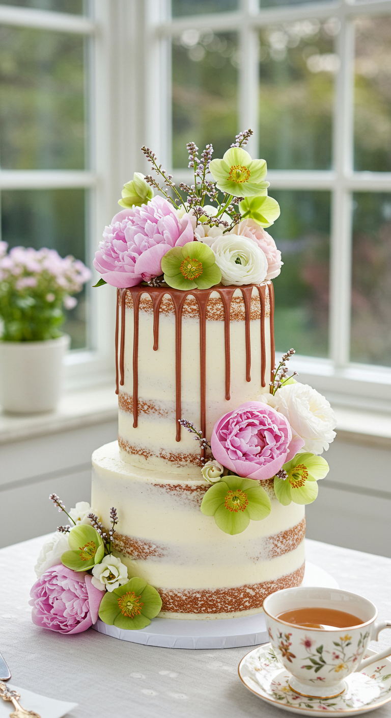 Zweistöckiger Semi-Naked Cake mit Schoko-Drip und üppiger Dekoration aus frischen Pfingstrosen.