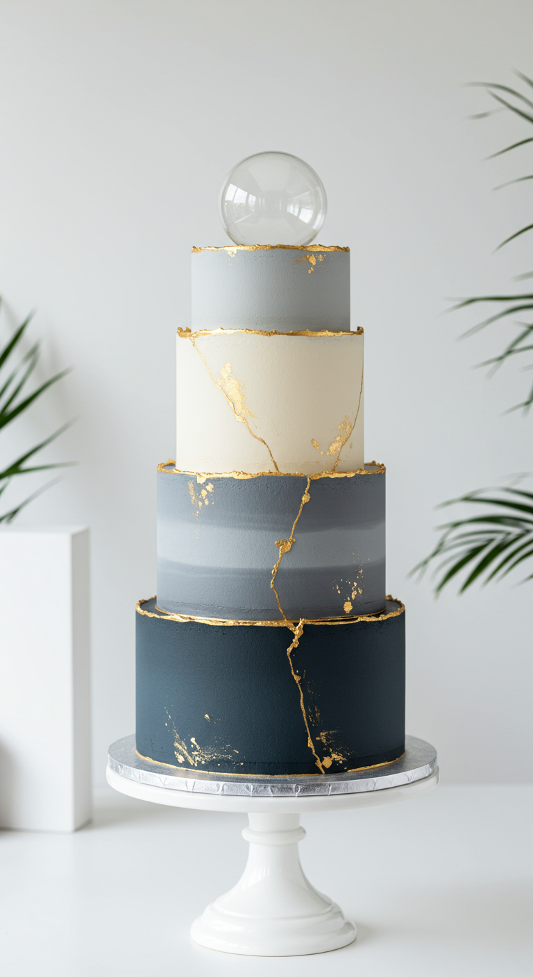 Vierstöckige Torte im Graustufen-Ombré-Look mit feinem Goldriss und klarer Kugel obenauf.