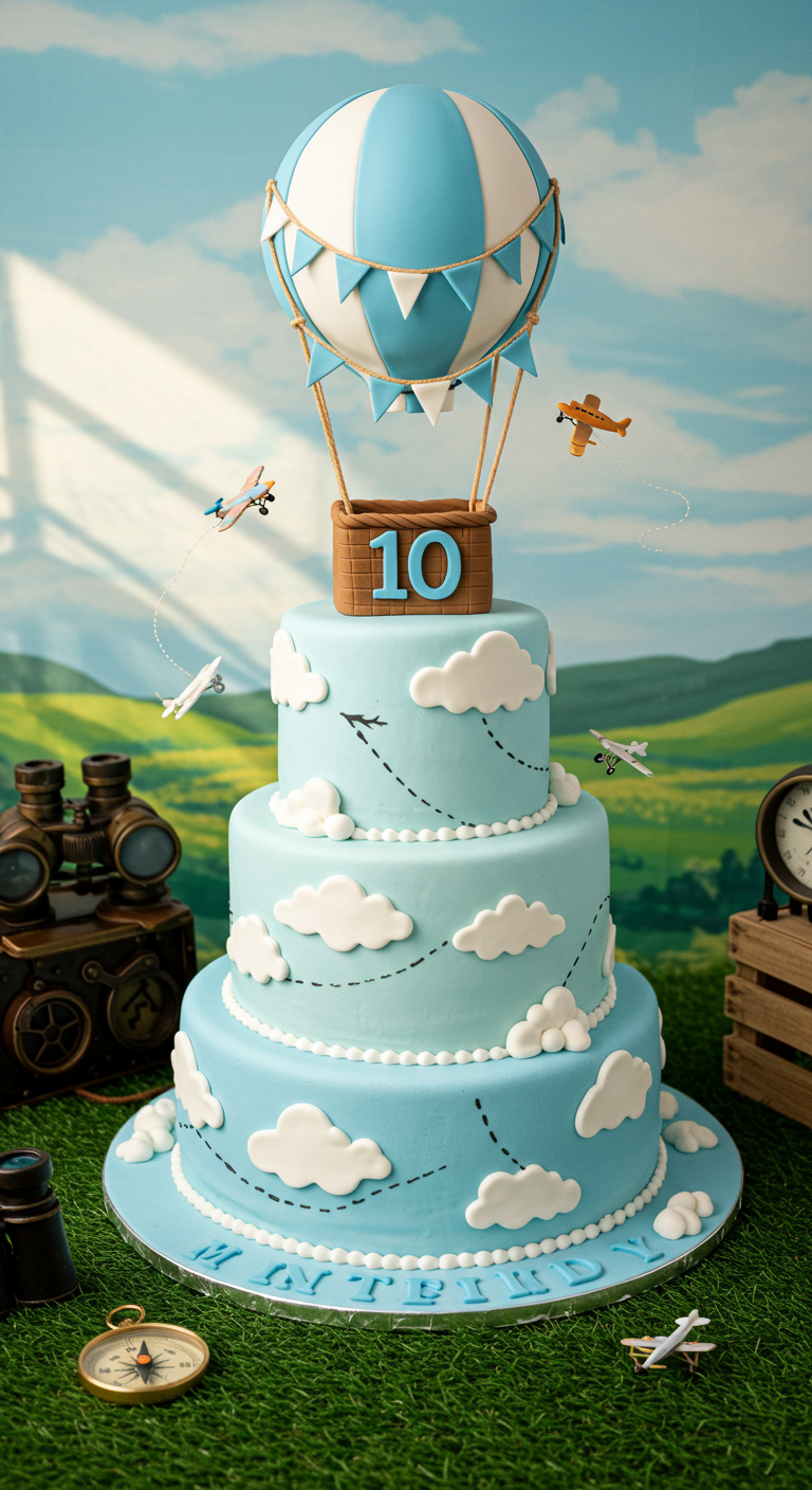 Mehrstöckige hellblaue Torte mit großem Heißluftballon-Topper und Wolken.