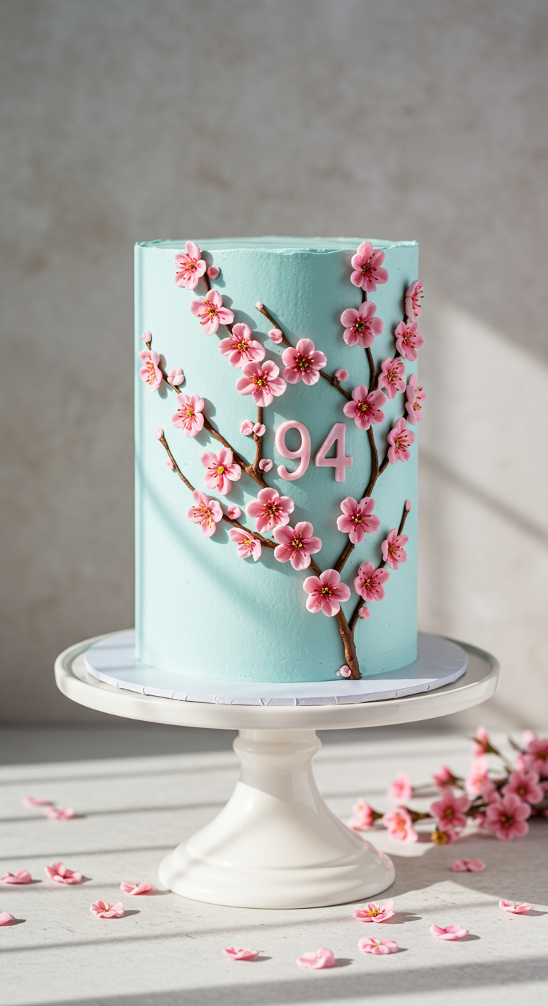 Hohe, hellblaue Torte verziert mit realistischen rosa Kirschblüten an Zweigen.