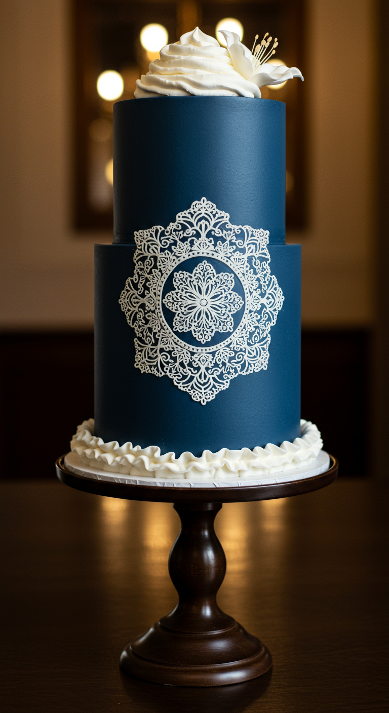 Zweistöckige nachtblaue Torte mit weißem Spitzen-Mandala und weißer Blüte.