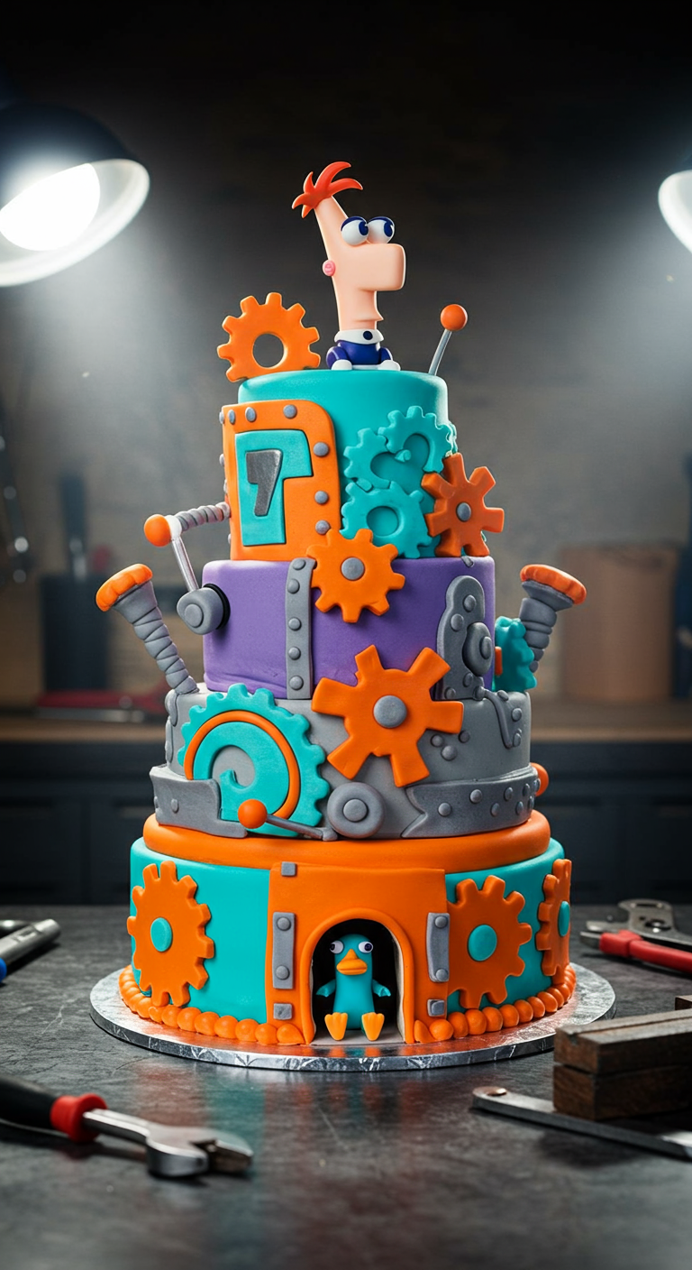 Mehrstöckige Phineas und Ferb Torte mit Zahnrädern und Figuren.