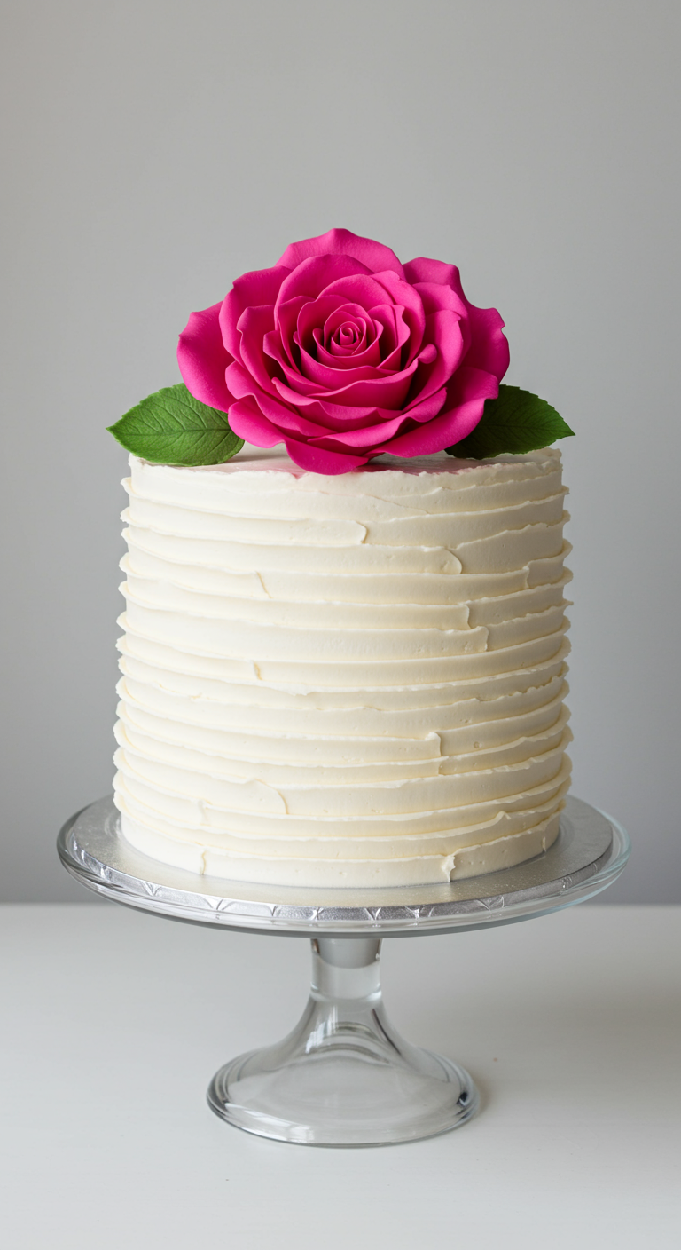 Cremeweiße Torte mit horizontalen Rillen, gekrönt von einer einzelnen, großen, leuchtend pinken Zuckerrose.