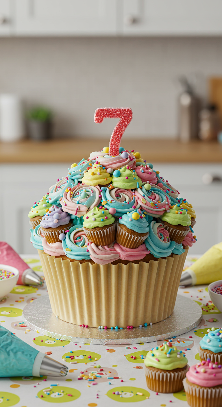 Riesen-Cupcake aus vielen kleinen bunten Cupcakes zusammengesetzt.