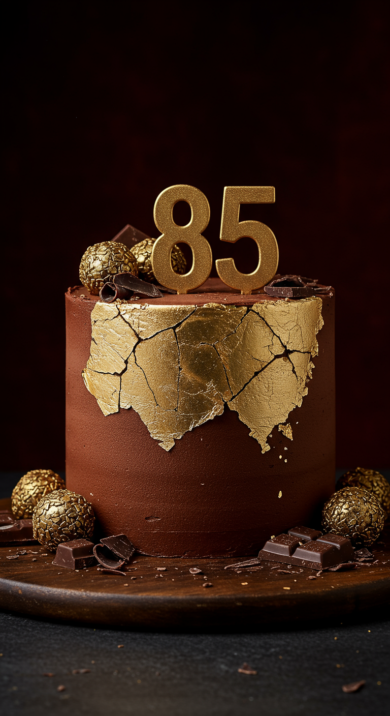 Dunkle Schokoladentorte mit Goldfolien-Bruchkante, goldenem 85-Topper und Schokopralinen.
