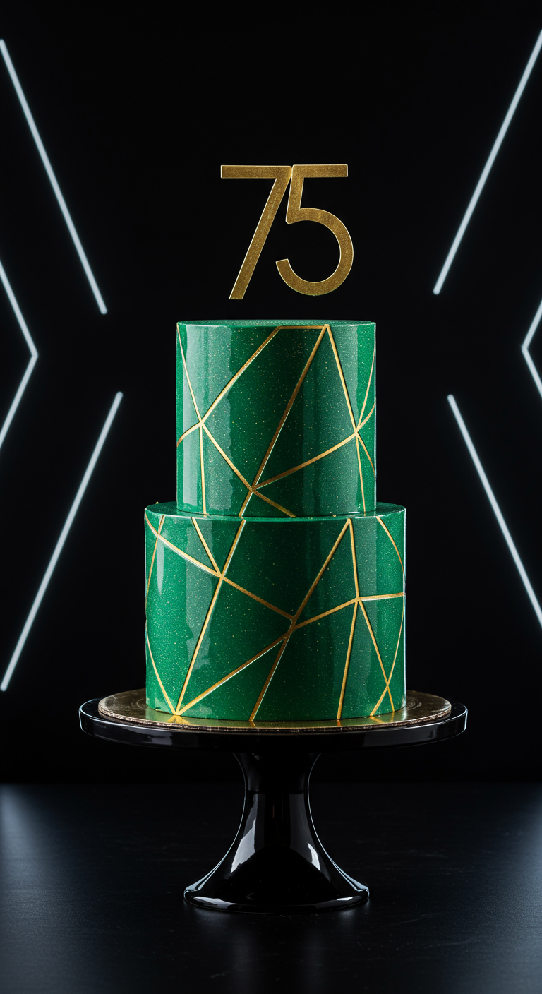 Zweistöckige smaragdgrüne Torte mit goldenen geometrischen Linien und goldenem 75-Topper.