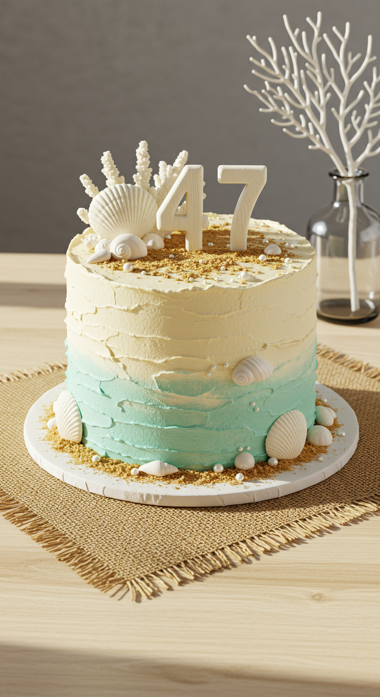 Runde Torte im Strandlook mit Ombré-Buttercreme, Schokomuscheln und Zahl 47.