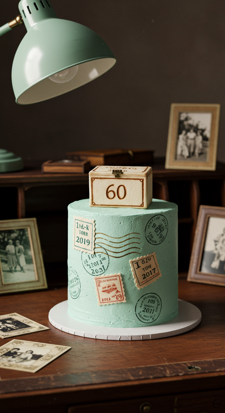 Mintgrüne Torte mit Vintage-Poststempeln und einer kleinen Holzkiste als Topper.