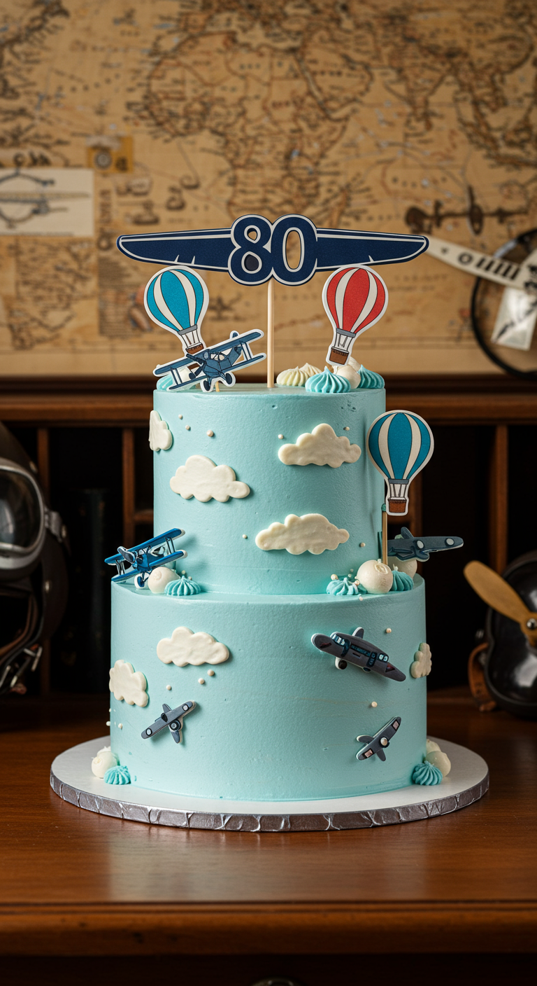 Zweistöckige hellblaue Torte mit Wolken, Flugzeugen und Heißluftballons.