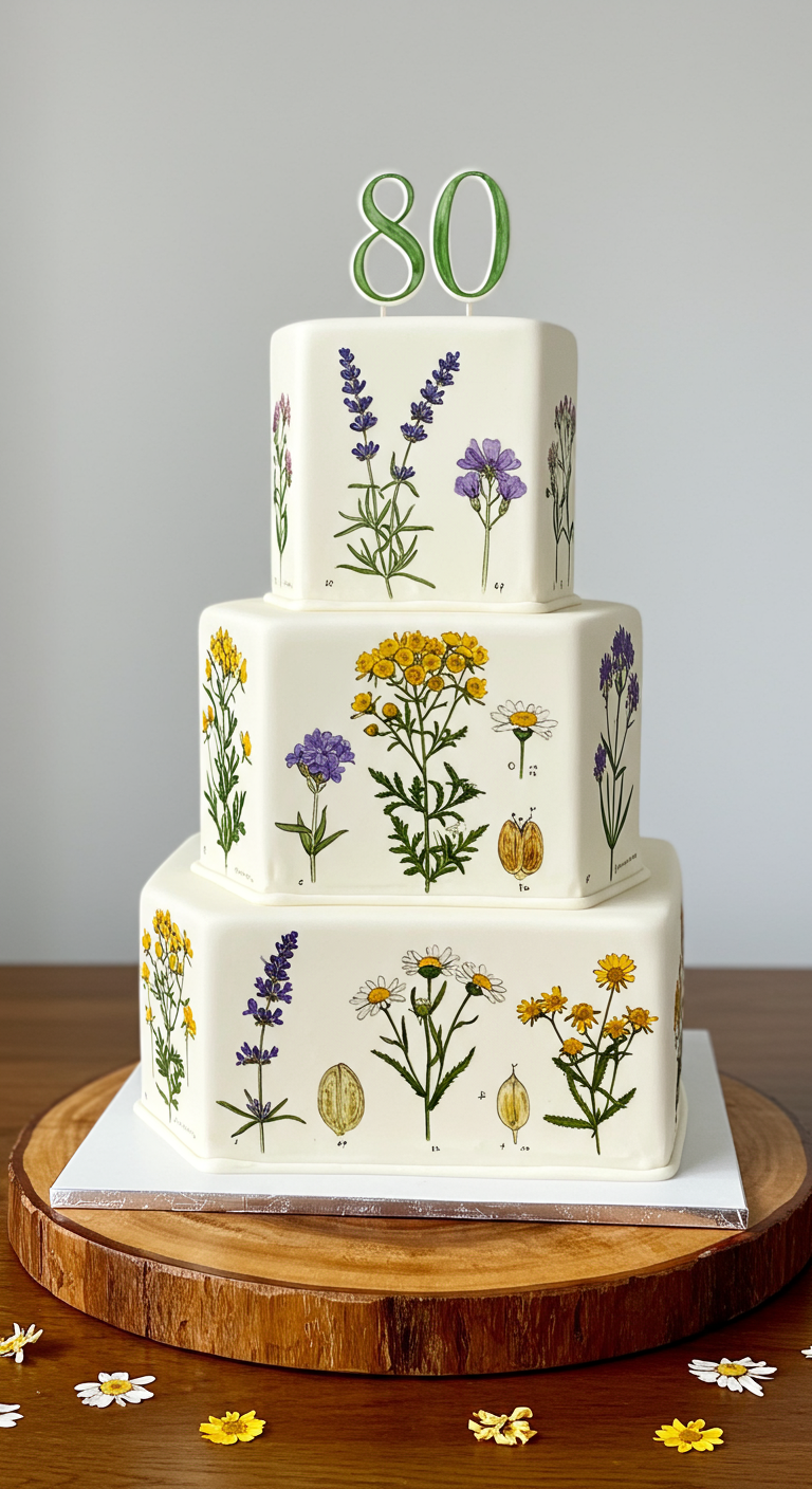 Dreistöckige sechseckige weiße Torte mit detaillierten botanischen Pflanzenillustrationen.