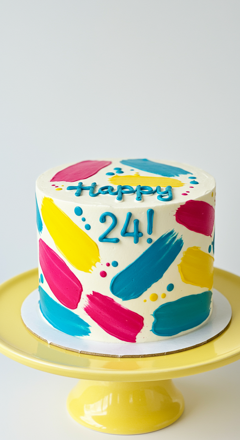 Weiße Torte mit bunten, breiten Pinselstrichen in Pink, Gelb und Blau, Aufschrift „Happy 24!“.