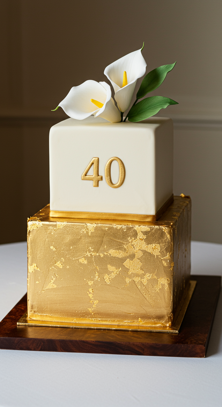 Zweistöckige Torte, unten Gold, oben weiß mit Calla-Lilien und goldener 40.