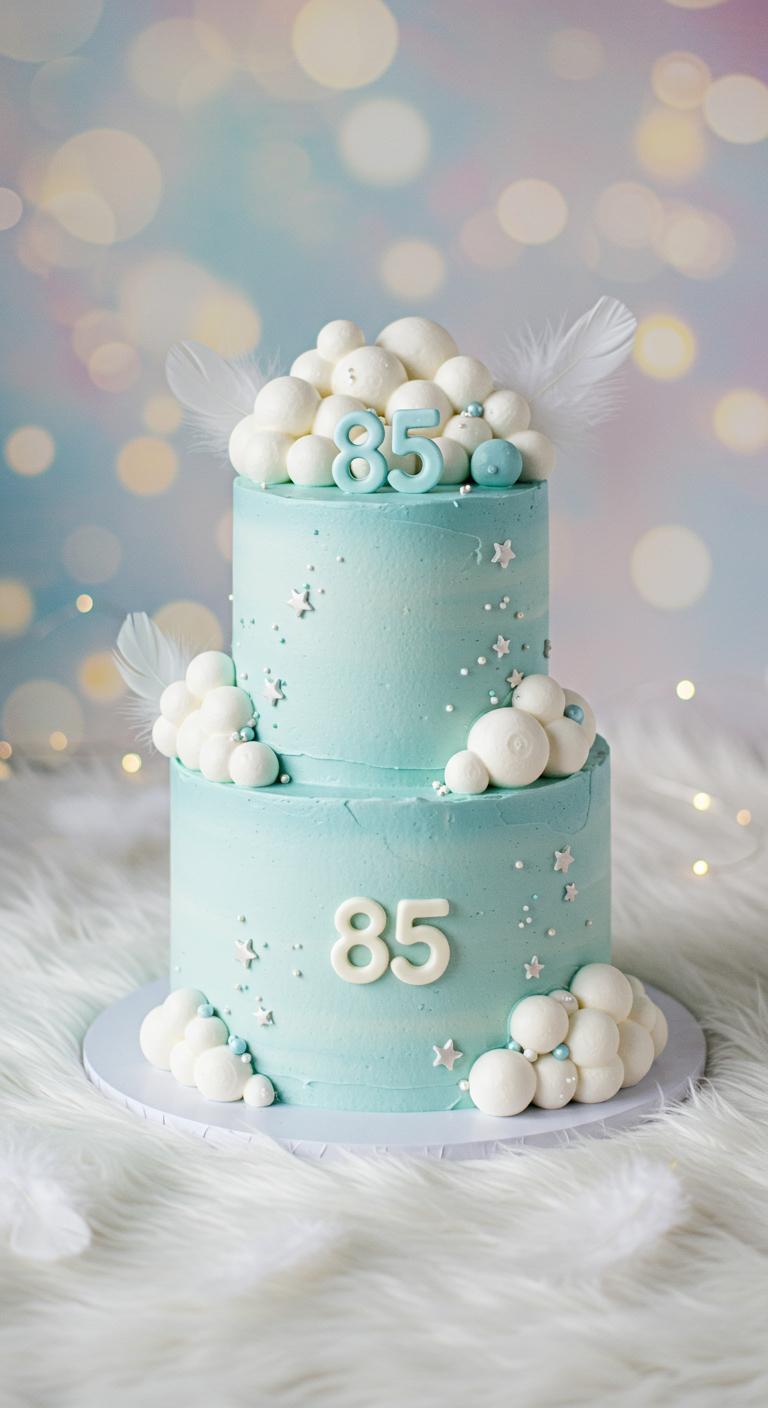 Zweistöckige hellblaue Torte dekoriert mit weißen „Wolken“ aus Zucker, Federn und Sternchen.