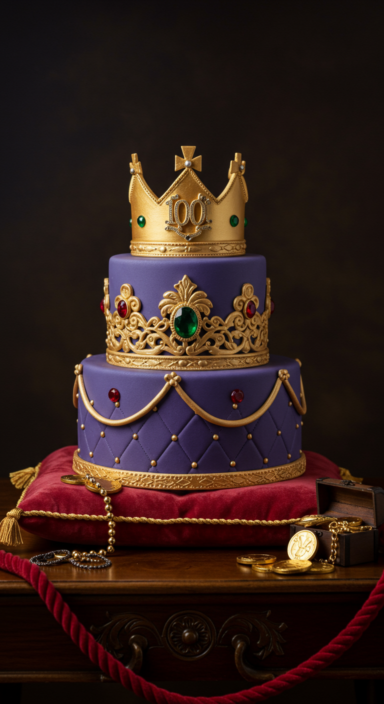 Lila-goldene zweistöckige Torte mit königlichen Ornamenten und goldener Krone als Topper.