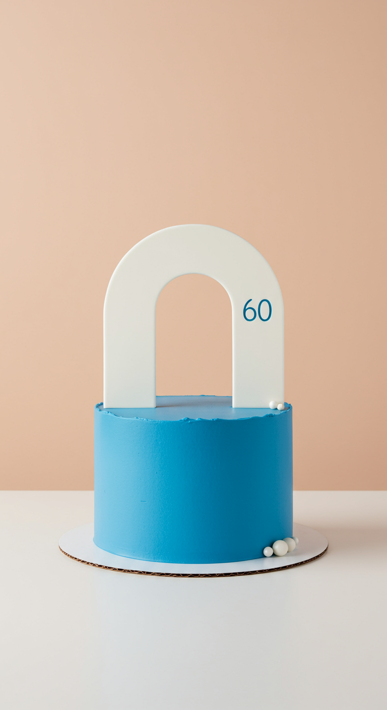 Blaue Torte mit einem großen weißen U-förmigen Topper und der Zahl 60.