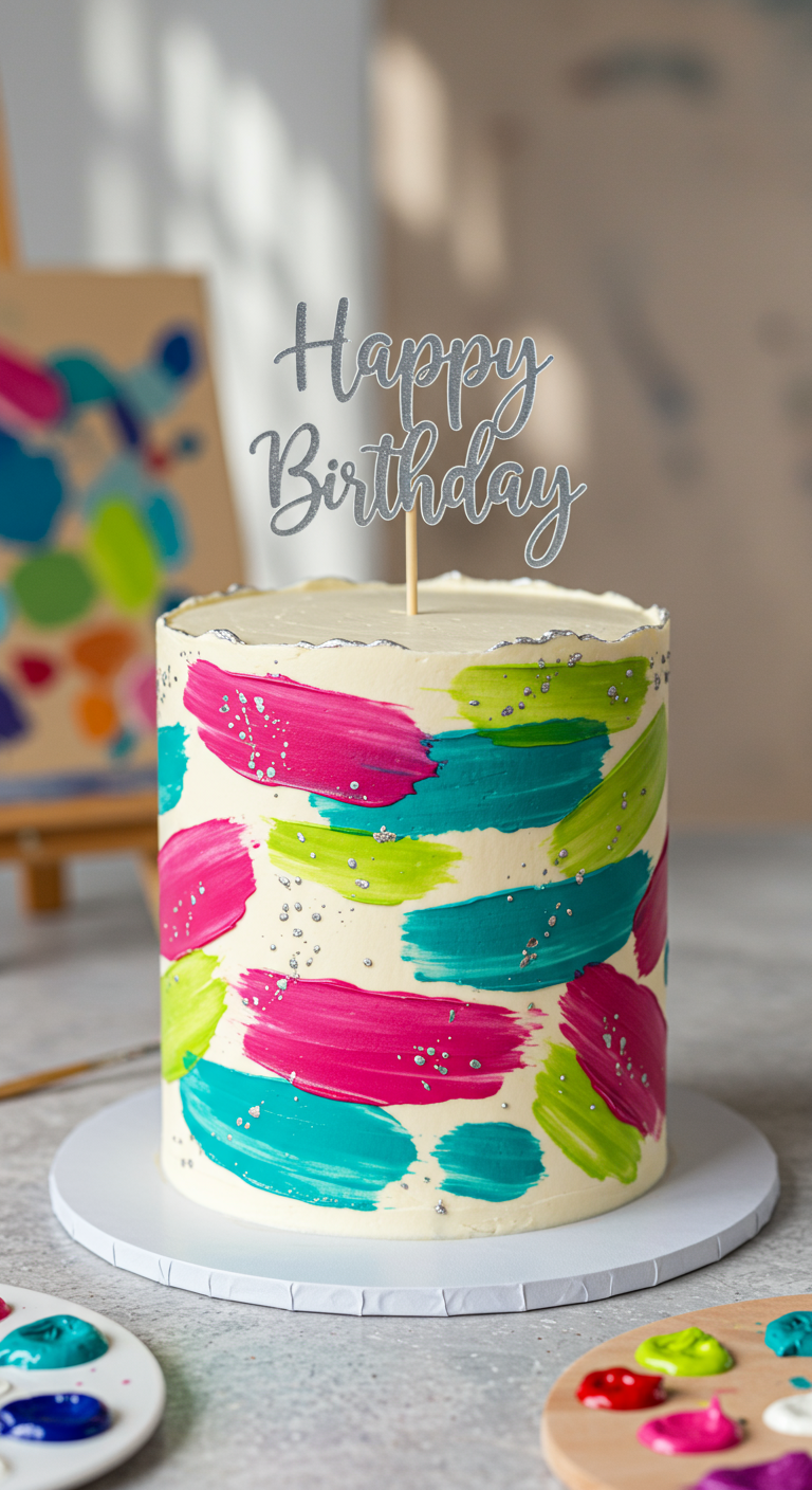 Weiße Torte mit breiten Pinselstrichen in Neon-Pink, Türkis, Limettengrün und Silberstreuseln.