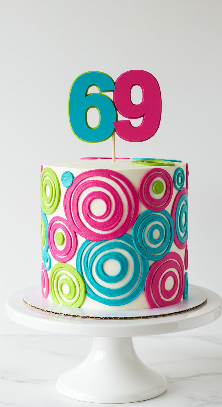 Weiße Torte mit bunten Swirl-Mustern in Pink, Türkis und Grün, bunter Topper 69.