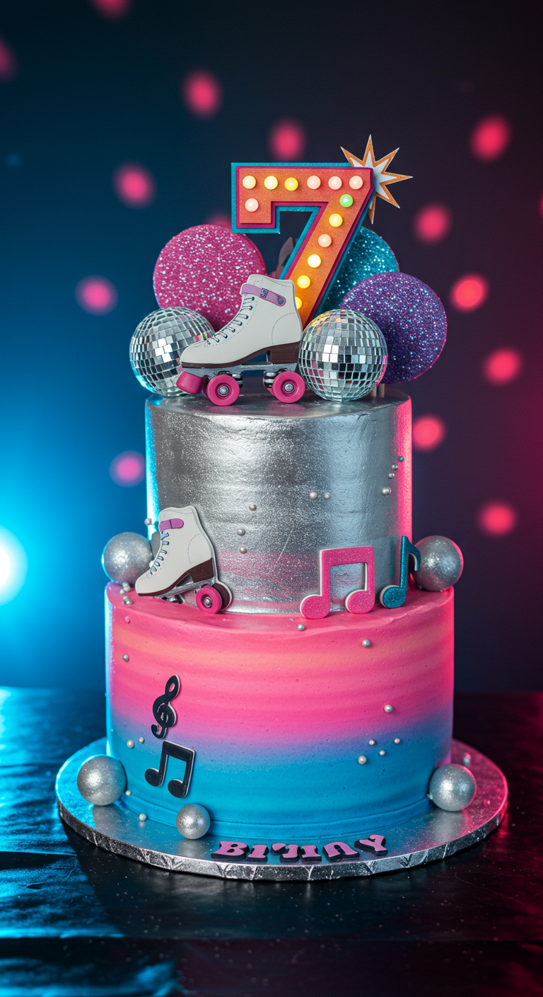 Mehrstöckige Roller-Disco-Torte in Pink, Blau und Silber mit Rollschuhen.