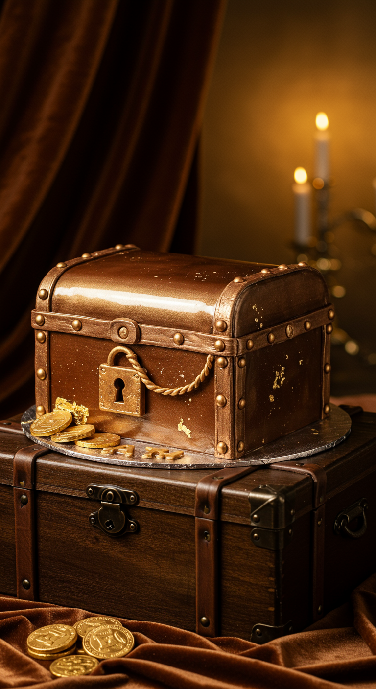 Torte in Form einer braunen Schatztruhe, gefüllt mit goldenen Münzen und Goldstaub.