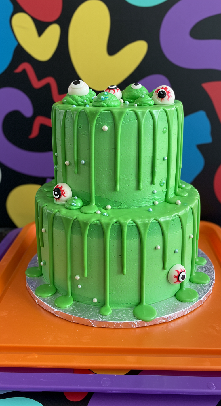 Zweistöckige knallgrüne Torte mit Schleim-Drip und Augapfel-Deko.