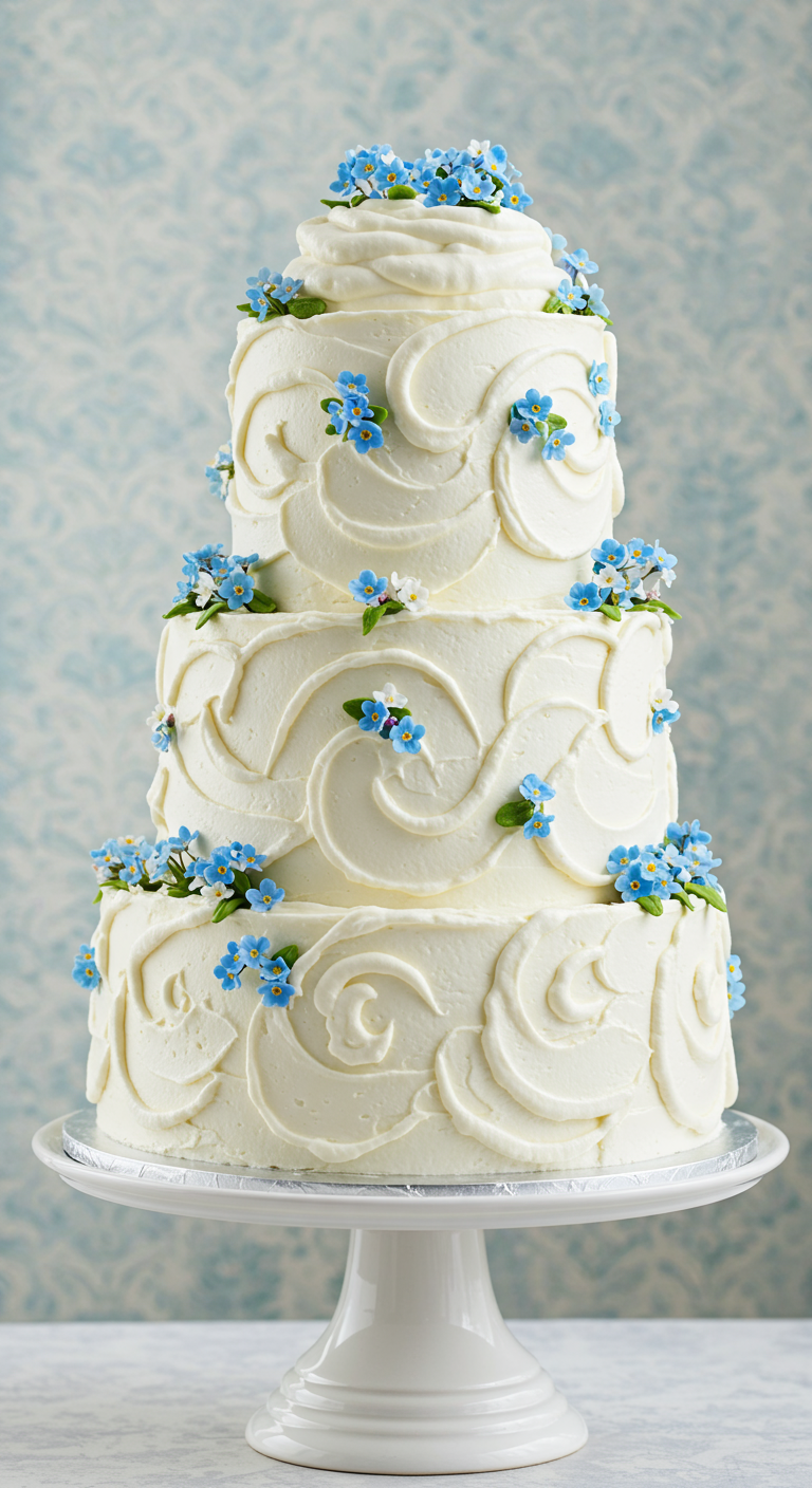 Dreistöckige cremeweiße Torte mit Buttercreme-Wirbeln und Vergissmeinnicht.