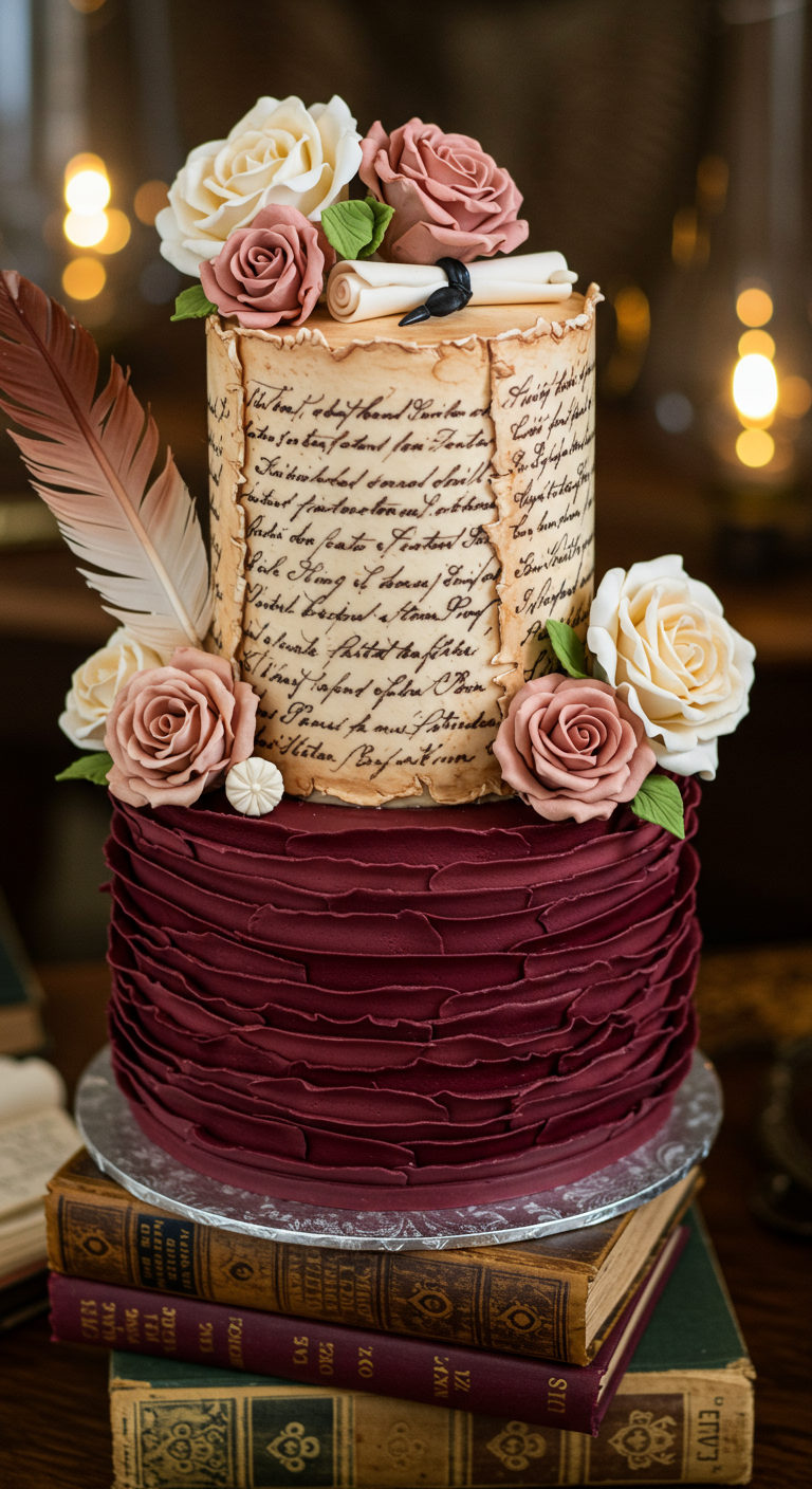 Zweistöckige Torte: oben wie ein Manuskript mit Feder, unten weinrote Rüschen, dekoriert mit Rosen, auf Büchern.