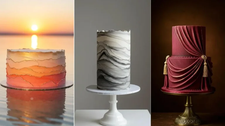 Hochzeitstorten mit Buttercreme-Wellenmuster und Strukturdetails.