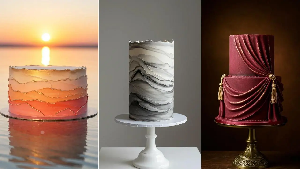 Hochzeitstorten mit Buttercreme-Wellenmuster und Strukturdetails.