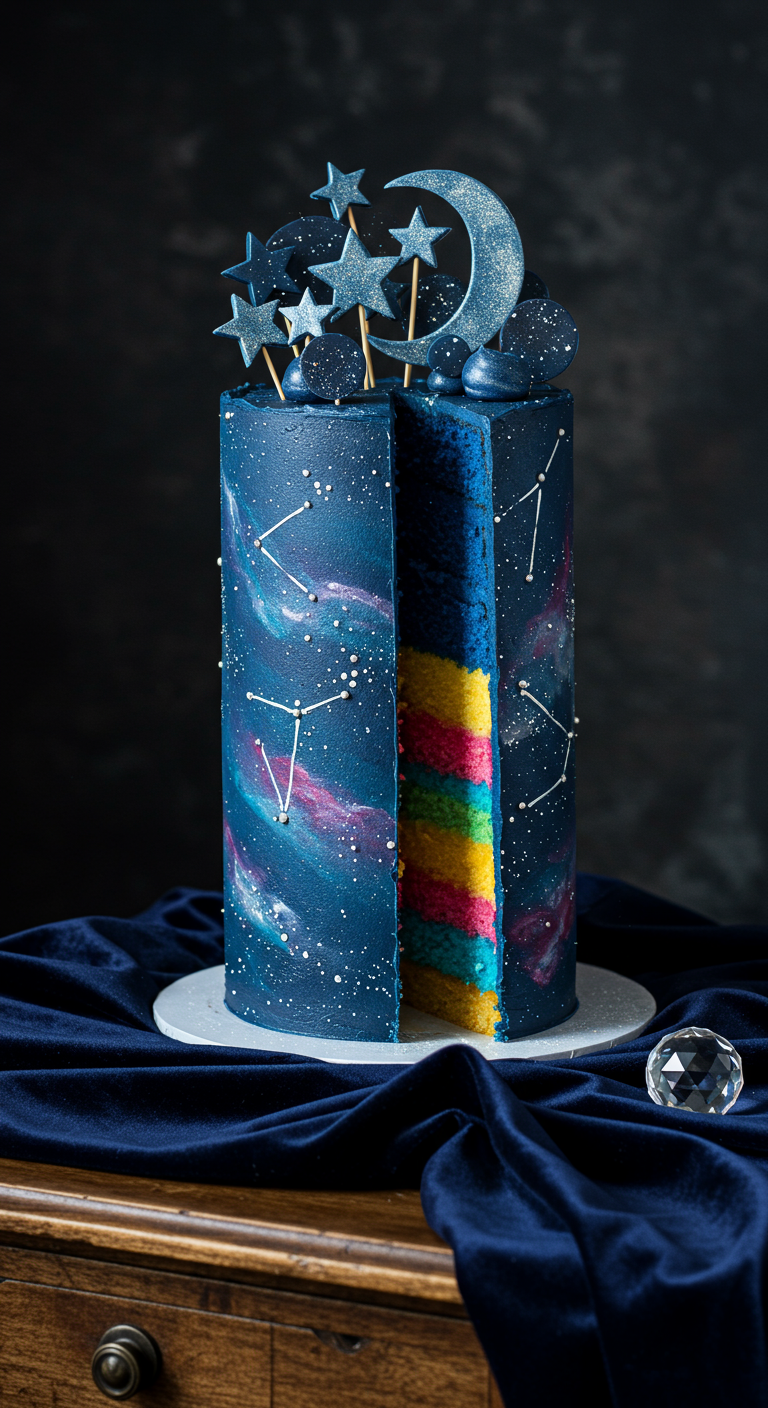 Aufgeschnittene Galaxie-Torte, die bunte Regenbogen-Kuchenschichten im Inneren zeigt.