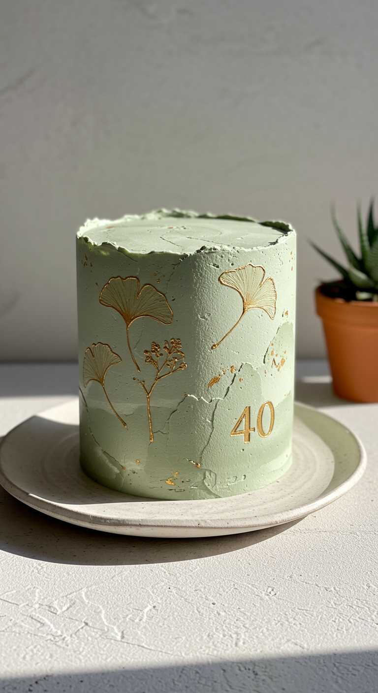 Hellgrüne Torte mit goldenen Ginkgoblättern und Zahl 40.