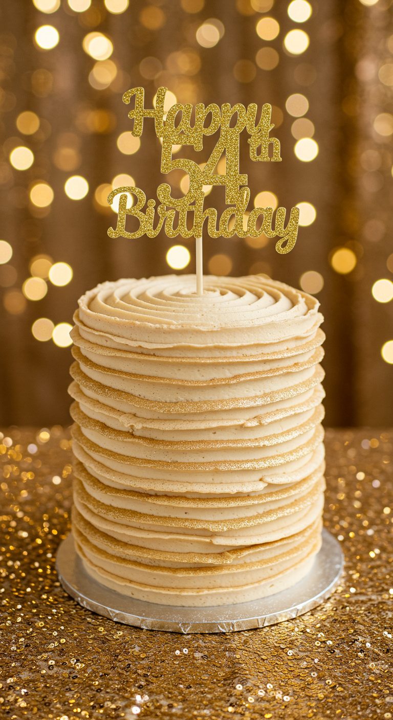 Cremefarbene Torte mit spiralförmiger Buttercreme, überzogen mit Goldglitzer und goldenem