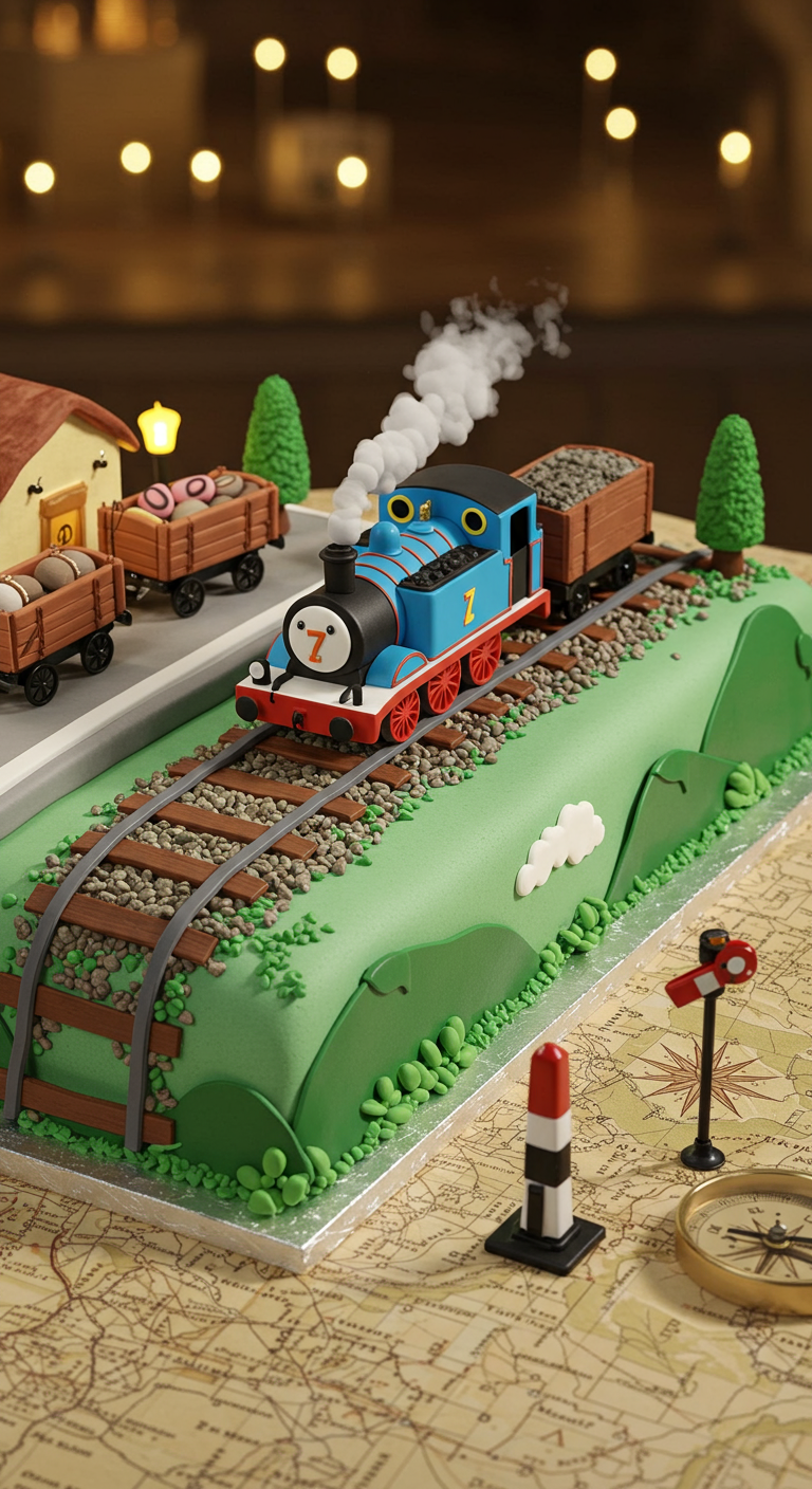 Thomas die Lokomotive Kuchen auf Schienen mit Waggons.