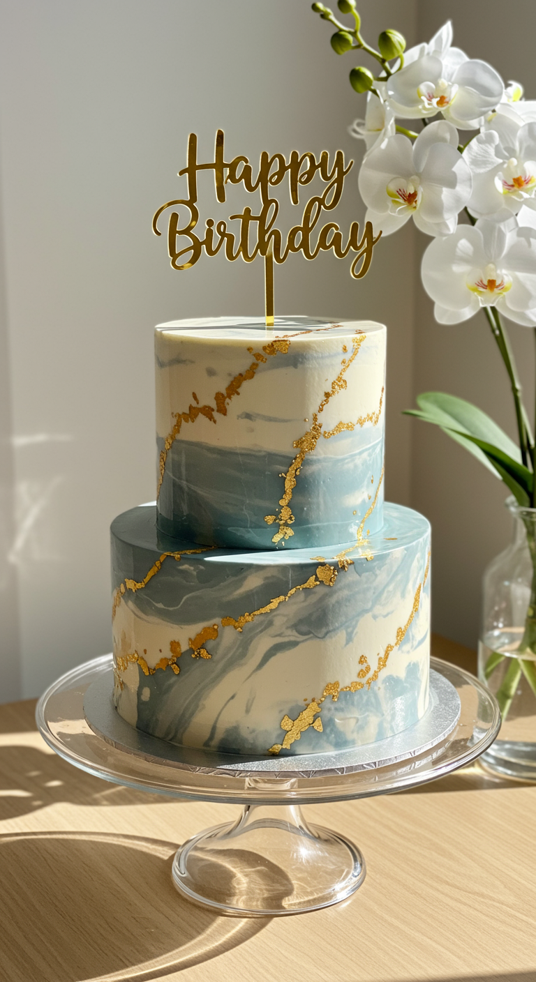 Zweistöckige, blau-weiß marmorierte Torte mit goldenen Akzenten und 'Happy Birthday' Topper.