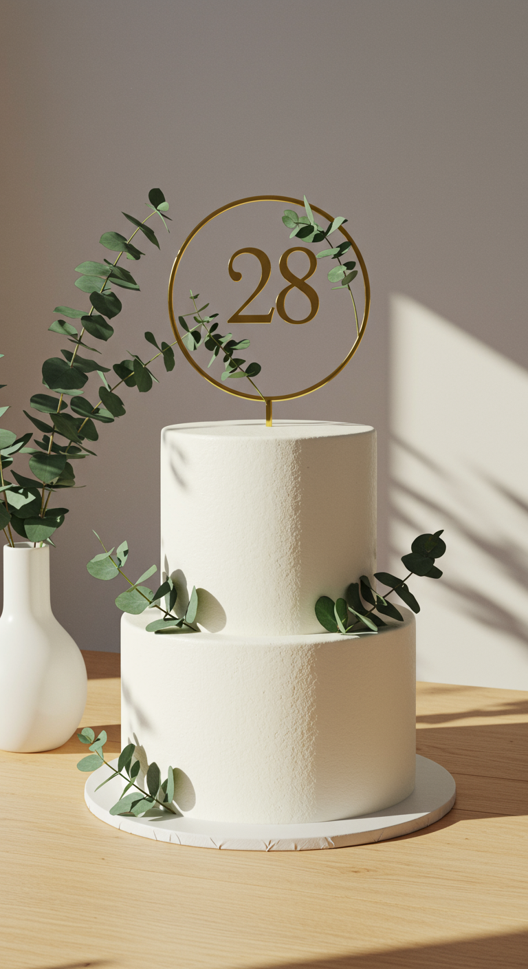 Zweistöckige weiße Torte mit Eukalyptuszweigen und einem goldenen