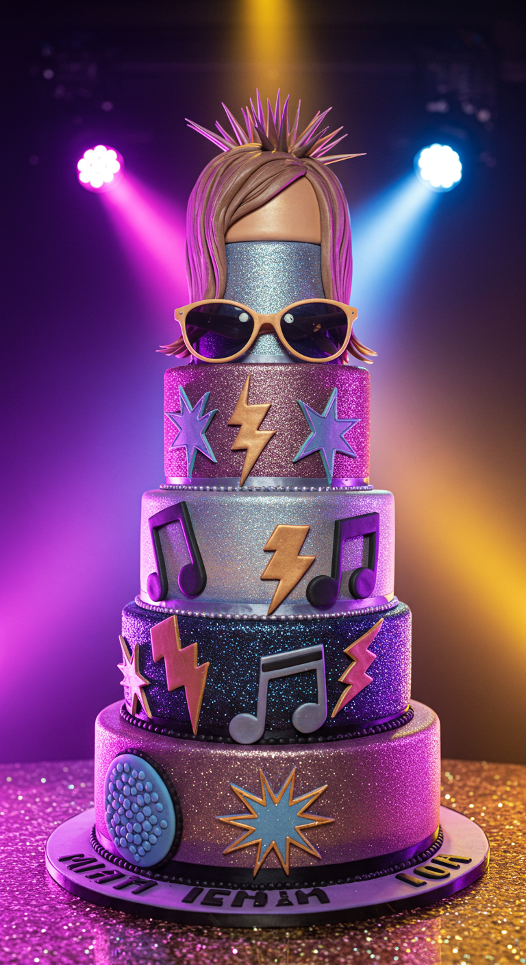 Mehrstöckige Glitzer-Torte mit Musiknoten, Sternen und einer Popstar-Perücke mit Sonnenbrille.