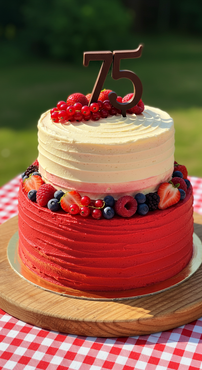 Zweistöckige Torte: untere rot texturiert, obere weiß, mit frischen Beeren dekoriert und 75-Topper.