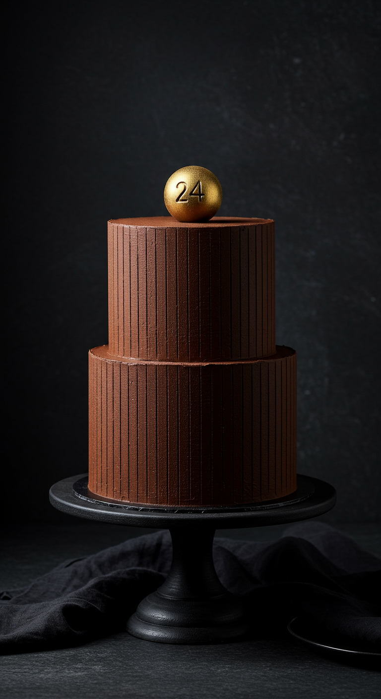 Zweistöckige Schokoladentorte mit vertikalen Rillen und einer goldenen Kugel mit Zahl 24 als Topper.