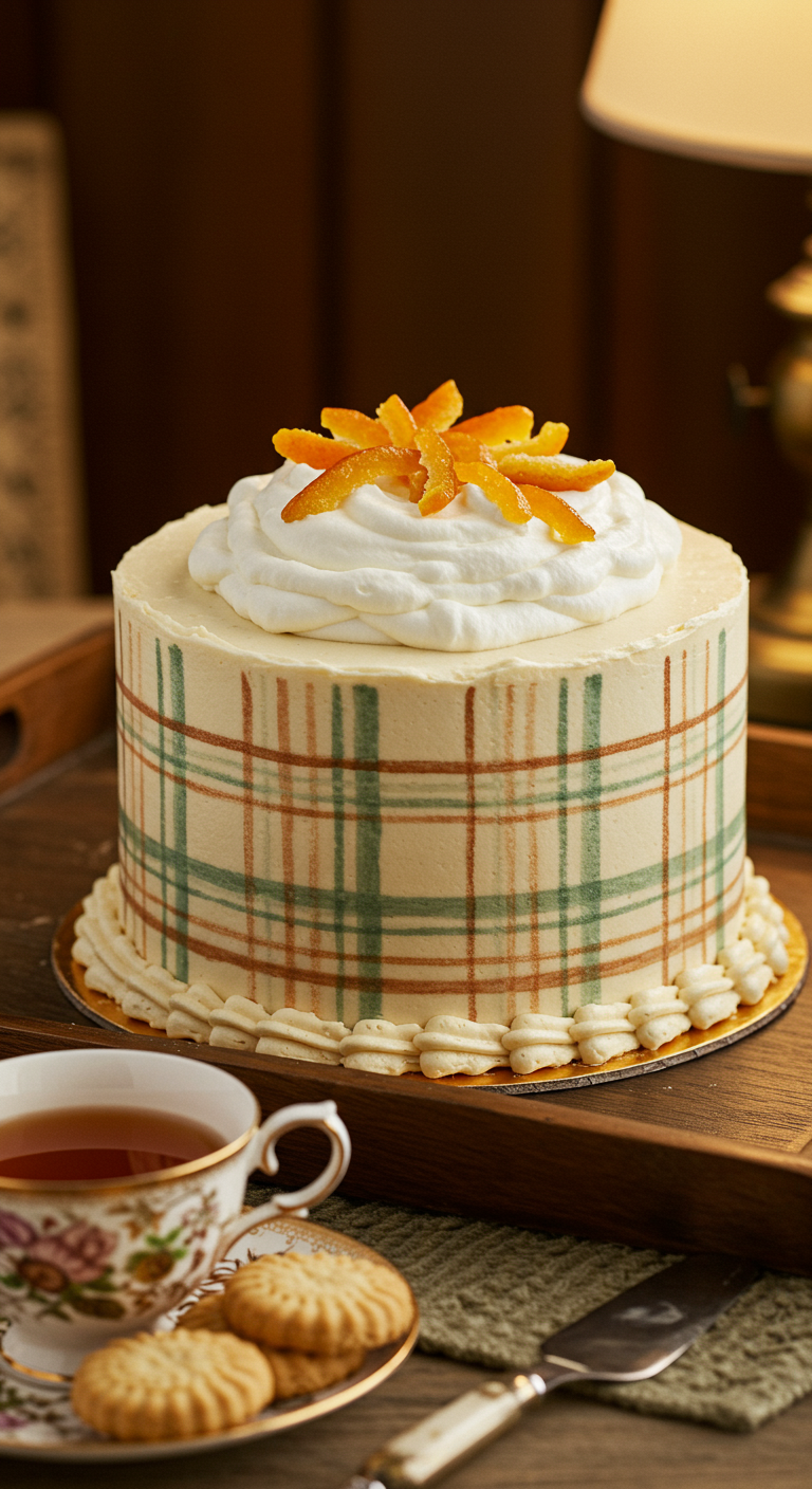Runde Torte mit Schottenkaro-Muster und Orangenzesten auf Sahnehaube.